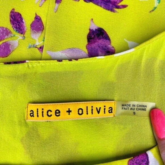 Alice + Olivia Silk Floral Corinne Dress  Chartreuse Yellow Gold Small - Picture 10 of 11